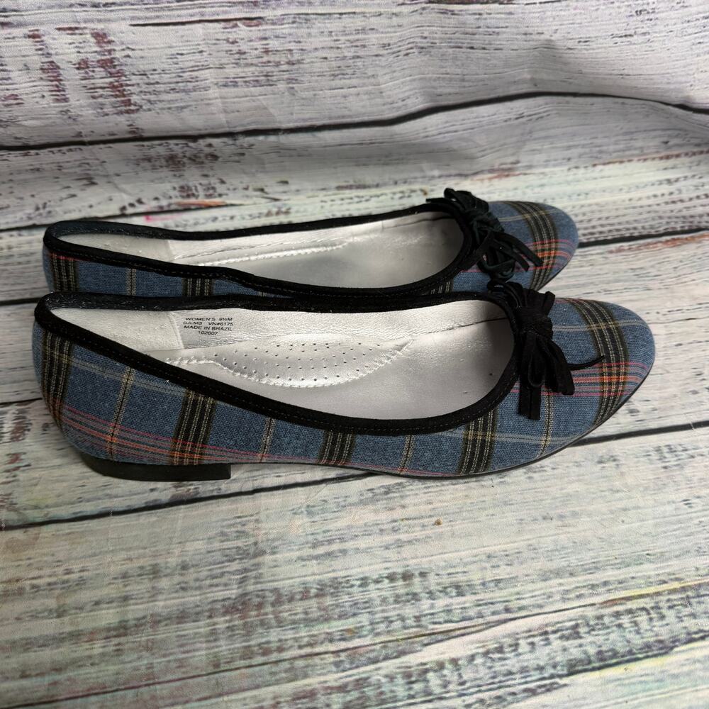 L.L.Bean Women's 9.5M Blue Plaid Ballet Flats Black Bow Tartan Preppy